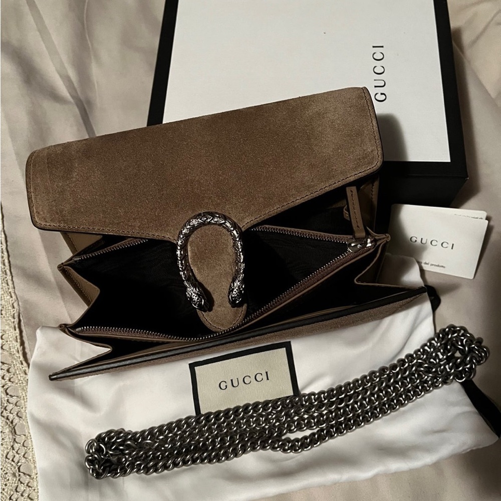 Gucci Dionysus Wallet on Chain in Taupe Suede.